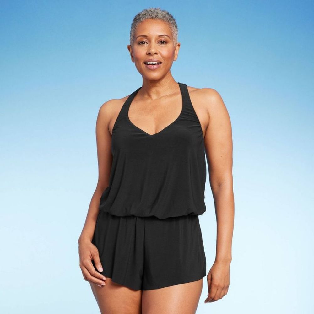 Women's UPF 50 V-Neck Racerback Swim Romper One Piece Swimsuit - Aqua Green